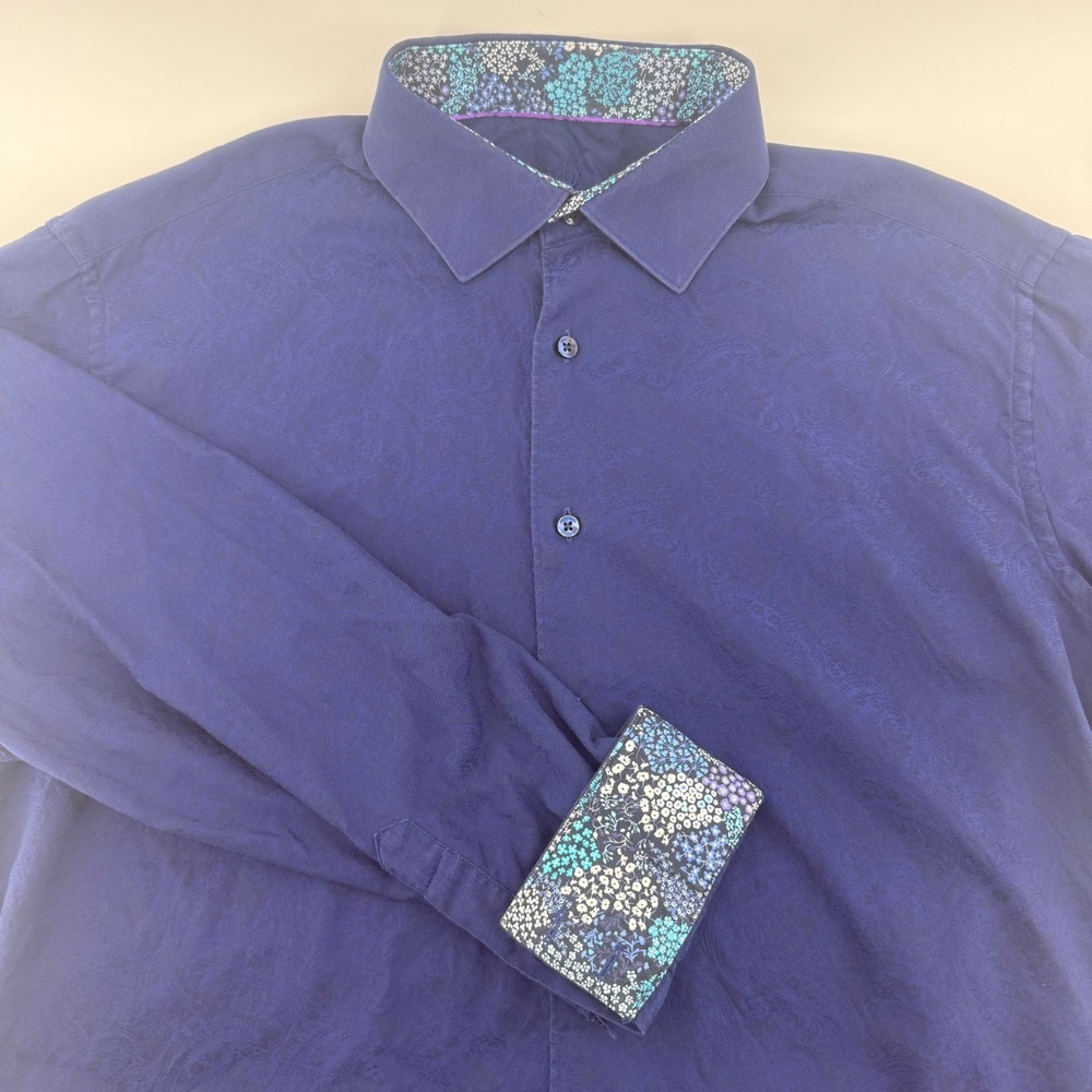 Bertigo Mens Navy Blue Paisley Jacquard Button Down Shirt Floral Trim Cotton XL